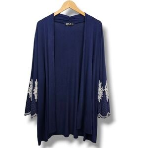 ECLA Navy Blue Cardigan 3X Scalloped Sleeve White Floral Open Front‎ Lightweight